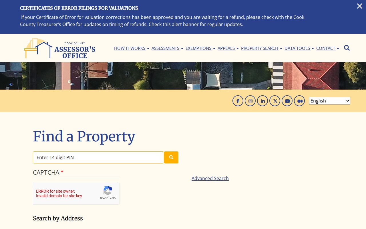 Cook County Assessor address, PIN and neighborhood search tabs used for Berwyn parcels