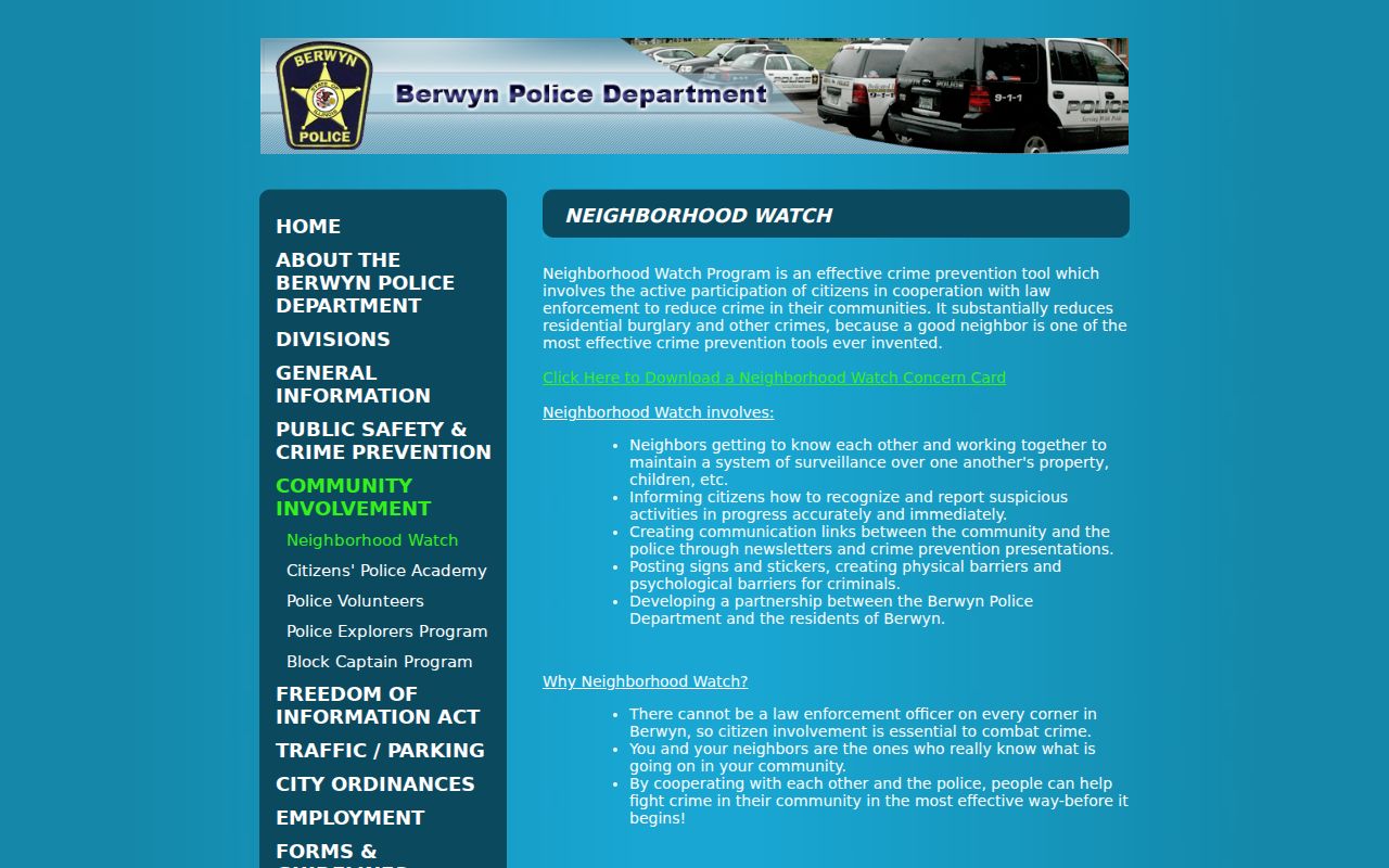 Official Berwyn Police Neighborhood Watch information for voluntary block participation