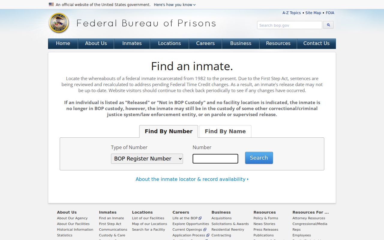 Federal Bureau of Prisons official locator with register number and name search choices