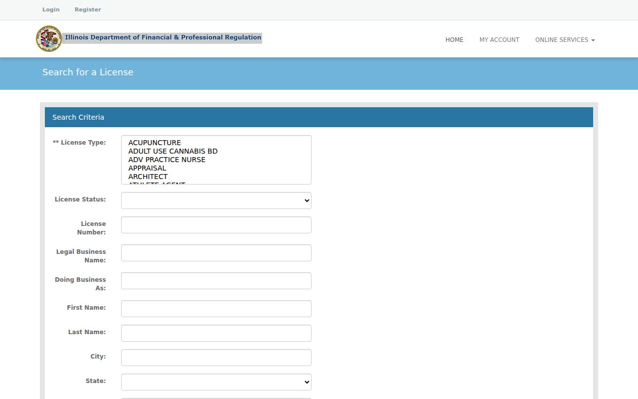 Illinois IDFPR license lookup fields for a Berwyn name, license, city, Cook County, and ZIP search