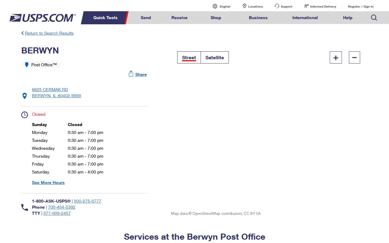 USPS Berwyn Post Office listing at 6625 Cermak Road in ZIP code 60402